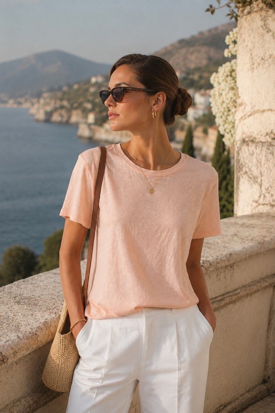 Sandro Paris 100% Linen Relaxed Tee Peach Pink Quiet Luxury Top Pristine S/M